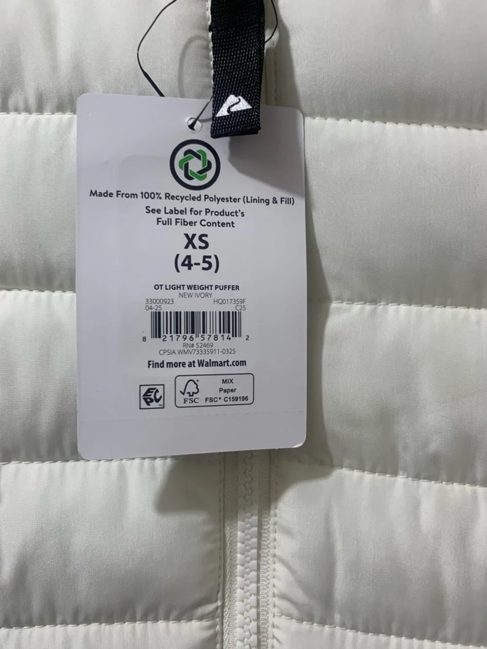 NWT! Ozark Trail White Puffer Jacket with Hood size XS 4-5 kids